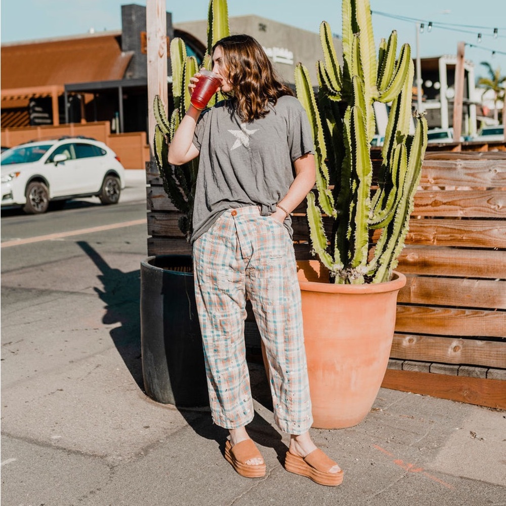 Magnolia Pearl Provision Trousers Plaid with distressing patches quilted